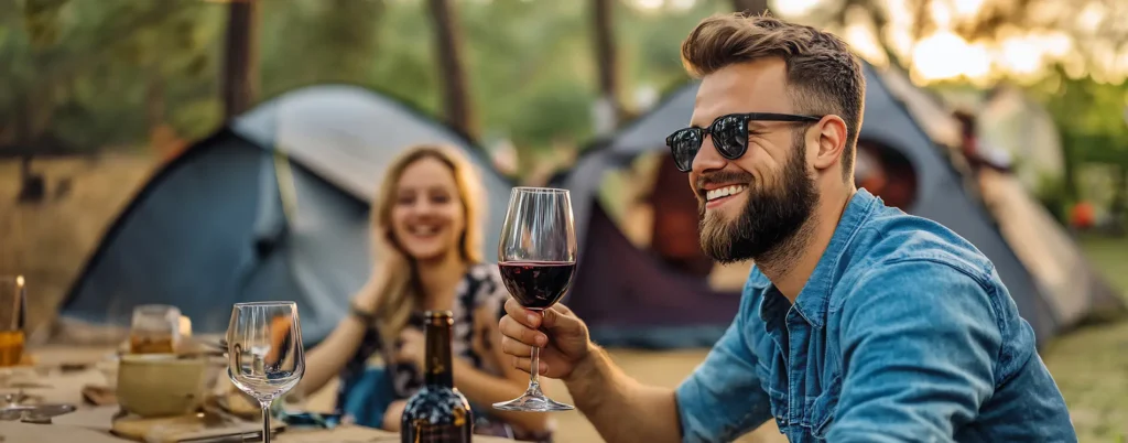 Man drinking a glass of Highlands 41 Pinot Noir at his campsite